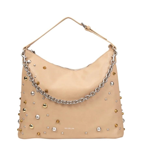 giò cellini borsa shopper a spalla beige con borchie mix coll.26